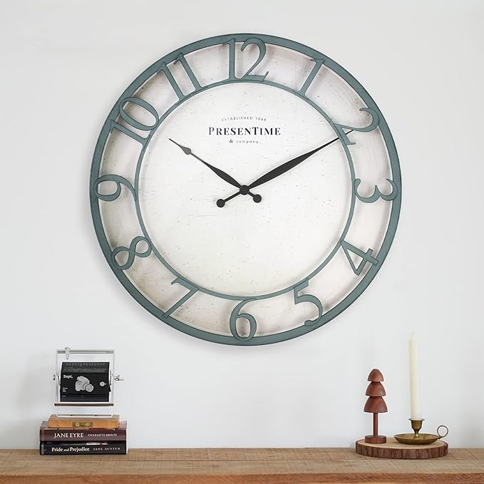 Presentime & Co 21" Farmhouse Series Wall Clock,Vintage Style, Retro Clock, Raised 3D Arabic Numeral, Aged Teal Finish. Wall Décor for Living Room and entryway.
