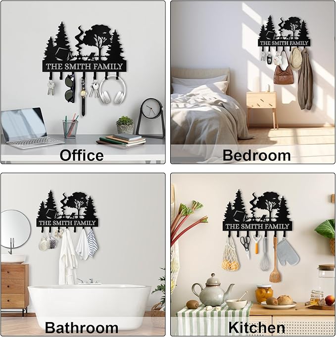 Personalized Metal Key Holder Wall Mount, Custom Name Camper Key Holder for Wall, Camping Decor, Key Hanger Organizer for Entryway Front Door Hallway Office, Housewarming Gifts Color06