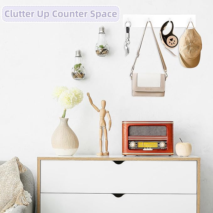 VIS'V Key Holder Wall Mount, Large Metal Self Adhesive Key Hanger with 4 Hooks, No Drilling, Extra Adhesive Strip, White