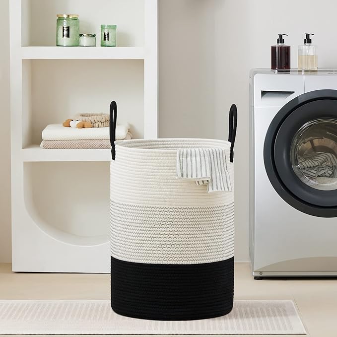 VIPOSCO Large Laundry Hamper, Tall Woven Rope Storage Basket for Blanket, Toys, Dirty Clothes in Living Room, Bathroom, Bedroom - 100L White & Black
