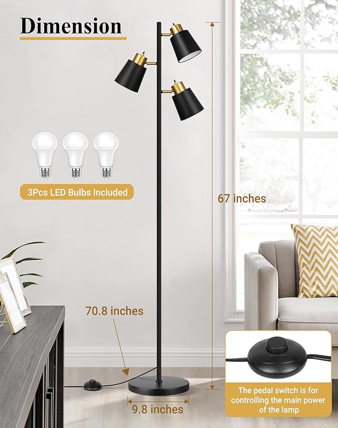 QiMH Tree Floor Lamps for Living Room, 67" Modern Standing Floor Lamp with 3 LED Bulb, Industrial Tall Lamp Reading Lighting for Bedroom Study Office Decor, 3 Rotatable Light Heads, Black Gold