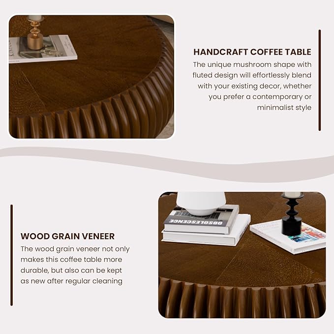 Round Drum Coffee Table for Living Room, Mid Century Modern Coffee Table with Sturdy Pedestal, Farmhouse Fluted Circle Center Table Accent Tea Table for Apartment (Large Walnut)