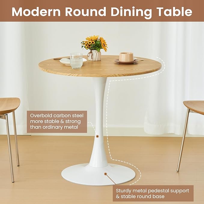 Round Dining Tulip Table for 4, Mid-Century Modern Table with Sturdy Metal Pedestal for Kitchen, Bistro, Cafe, Leisure (Faux Oak, 31.5 INCH)