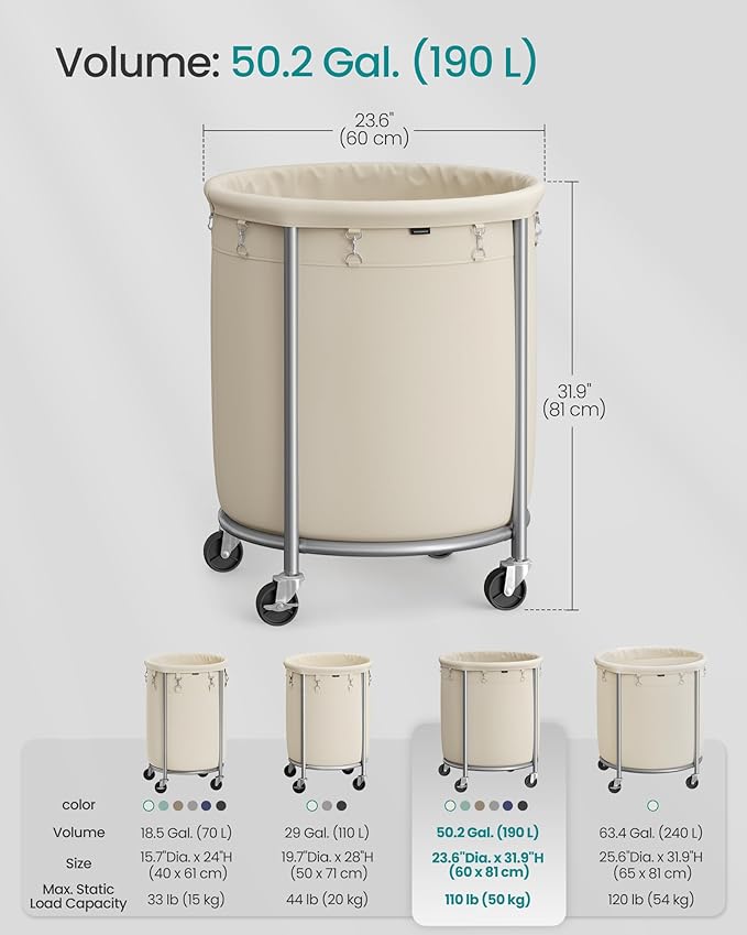 SONGMICS 50.2-Gallon (190 L) Laundry Basket with Wheels, Rolling Round Heavy-Duty Laundry Hamper Cart with Steel Frame and Removable Bag, 2 Locking Wheels, Cream White and Metallic Silver URLS01MZ