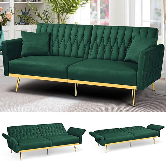 70” Velvet Futon Sofa Bed w/Adjustable Backrests and Armrests, Convertible Futon Couch with 2 Pillows, Modern Tufted Sleeper Bed for Living Room, Bedroom,Green