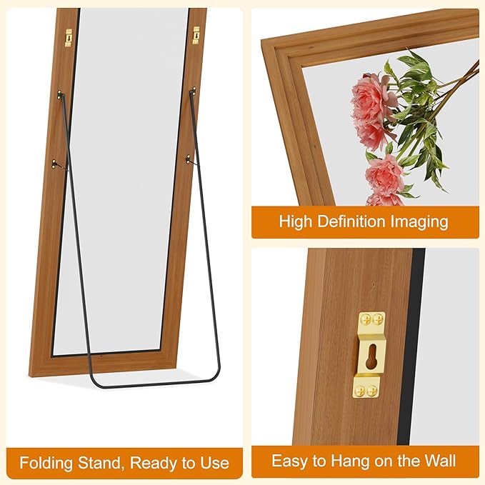 Full Length Mirror,58x16 Inch Full Length Mirror Wall Mounted,Vertical Hanging,Leaning Standing for Bedroom,Living Room,Rectangular Wooden Frame,Walnut Color.
