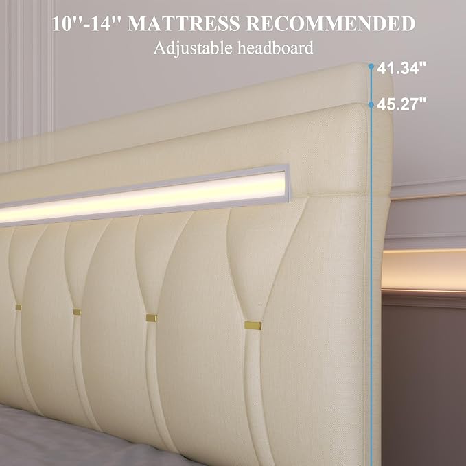 Queen Size Bed Frame with Bluetooth Speaker, LED Lights and Charging Station, Faux Leather Linen Fabric Adjustable Headboard,Modern Upholstered Bed, Wood Slat Support, Beige