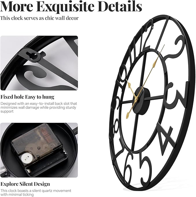 Large Wall Clock, 20 Inch Decorative Wall Clocks for Living Room, Modern Metal Battery-Operated Arabic Numerals Round Black Clock Silent Non Ticking for Kitchen Mantel Bedroom Office