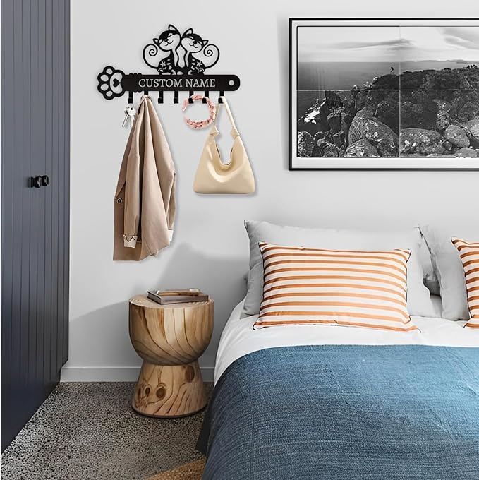 Cat Key Holder with Custom Name & Hooks - Personalized Metal Key Rack Wall Mount Art Decor for Bedroom Doorway Office