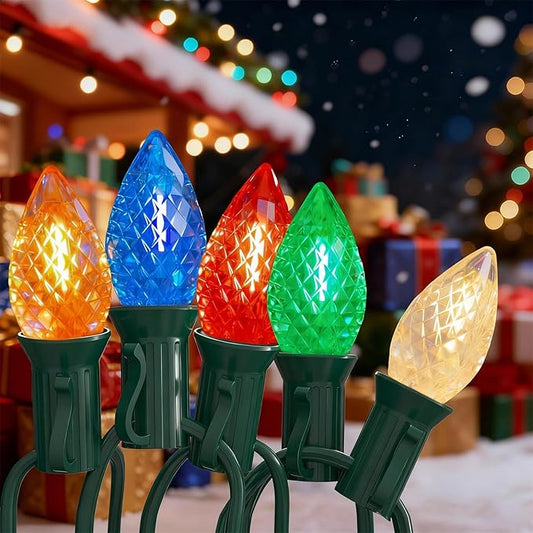 C7 LED Christmas Lights Outdoor,25FT Multicolor C7 Christmas Light with 27 0.6w Diamond Bulb Fit E12 Base,Xmas Lights Outdoor for House, Yard, Garden, Christmas Tree Decoration, Green Wire
