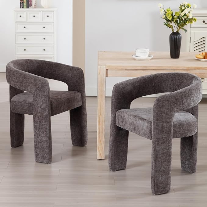 Modern Chenille Dining Chairs Set of 2, Upholstered Barrel Chairs with Arms Comfy Accent Side Chairs for Living Room/Dining Room/Reception, Charcoal Black
