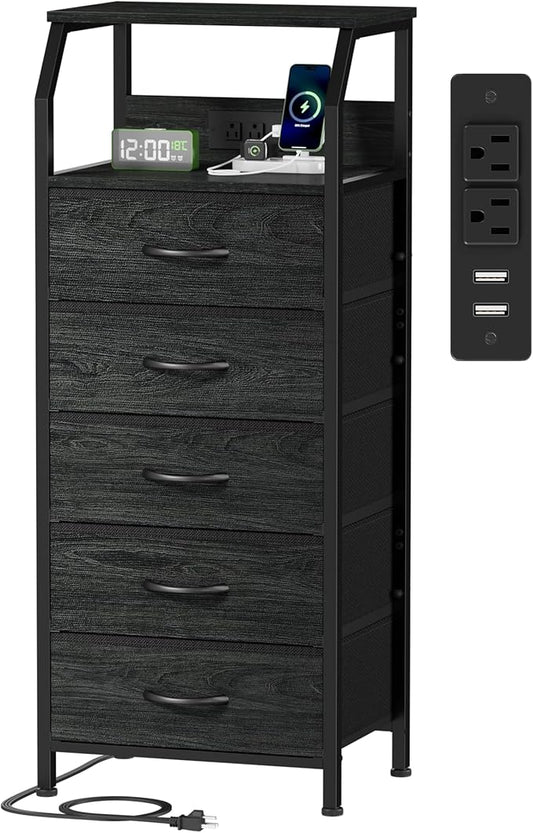 Furnulem 5 Drawers Dresser with Charging Station, Fabric Chest of Drawers with Open Shelf, Tall Night Stand, Bedside Table for Closet, Entryway, Bedroom Furniture, 3 Ways to Use, Black Oak