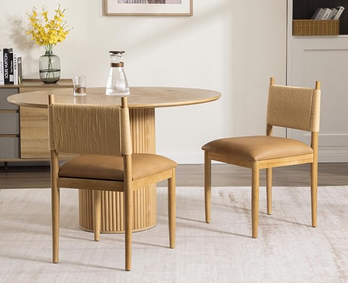 CIMOTA Faux Leather Modern Dining Chairs Set of 4, Mid Century Upholstered Dining Room Chairs with Woven Back, Armless Kitchen Chairs with Natural Solid Wood Legs, PU Brown