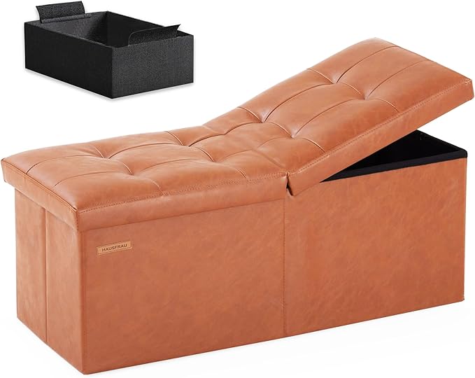 HAUSFRAU 31.5 Inches Ottoman with Storage Bench, Folding Ottoman Bench Small Foot Rest Stool, Bedroom Bench with Flipping Lid, Faux Leather Cognac Brown