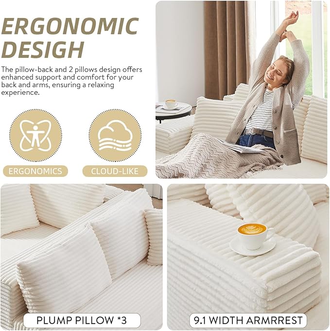 Modular Cloud Sectional Couch with L-Shape Chaise,Modern Upholstered Couches with Deep Seat,Corduroy Sponge Compressed Sofa for Living Room,No Assembly Required (Off White)