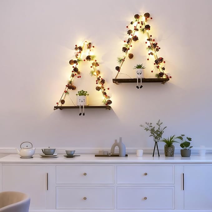 Floating Shelves for Wall, Hanging Shelves with Christmas Pinecone & Bell LED String Light, No Drilling Hanging Shelf, Wood Hanging Plant Shelves for Wall Décor, Boho Decor, Art Bedroom