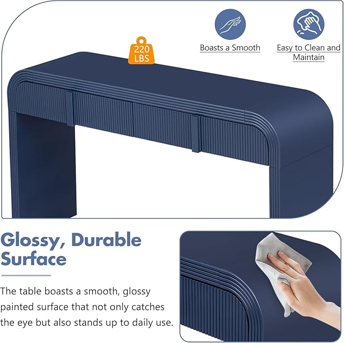 55'' Fluted Console Table with Storage Drawers, Wood Modern Curved Entryway Table with Storage for EntryWay, Hallway, Foyer (Navy Blue)
