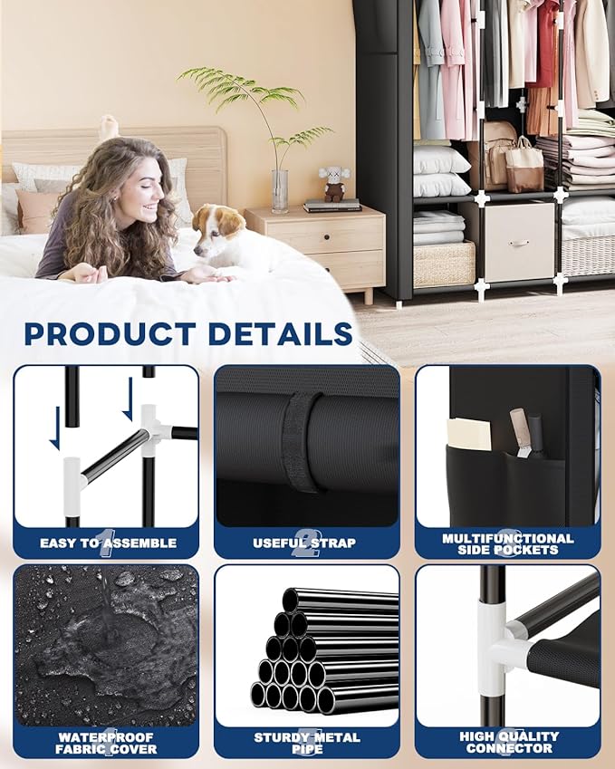 Mavivegue Portable Closet, Wardrobe Closet Organizer with Cover, 3 Hanging Rods and Shelves,Large Capacity for Bedroom, Living Room (Black, 50" W x 17" D x 64" H)