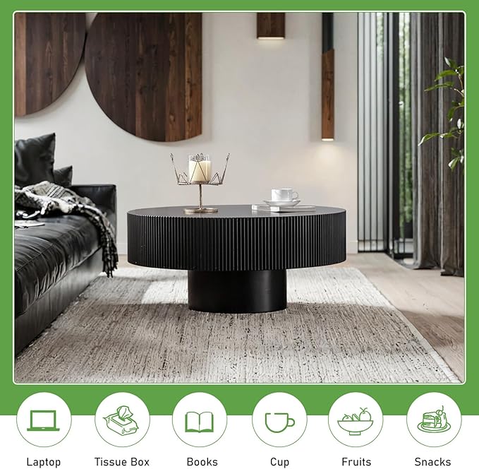 Round Coffee Table for Living Room, 30.91'' Modern Handcraft Drum Coffee Table Unique Fluted Coffee Tables Wood Center Table End Table for Small Space, Farmhouse Apartment Office (Black Thick)
