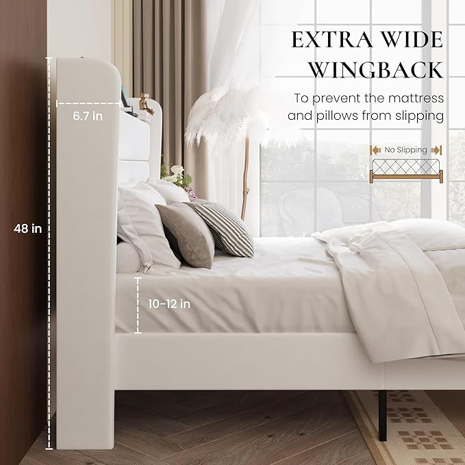 SHA CERLIN Full Size Bed Frame with Charging Station, Velvet Upholstered Platform Bed, Wingback Storage Headboard, Type-C & USB Ports, Strong Wooden Slats, No Box Spring Needed, Easy Assembly, White