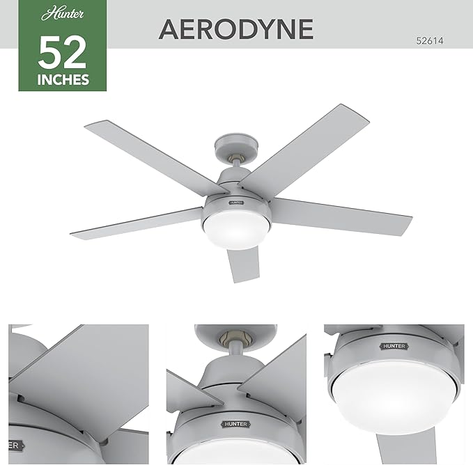 Hunter 52 inch Indoor Ceiling Fan with LED Light and Remote Control - Modern Smart Ceiling Fan, Standard Mount, 5 Blades, For Bedroom, Living Room, or Kitchen, Quiet - Aerodyne 52614, Dove Grey