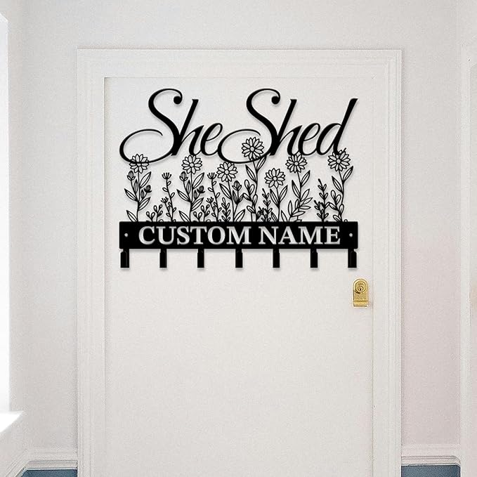 Personalized She Shed Keys Hooks,Custom Name Metal She Shed Art Keys Hooks,Metal She Shed Lover Wall Home Storage Decorative Keys Hooks,Key Holder Hooks for Wall (Style H)