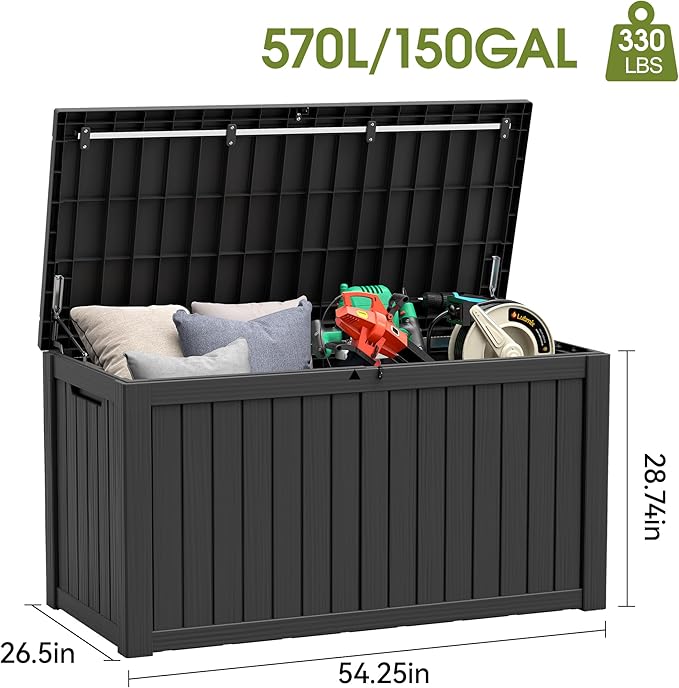 150 Gallon Outdoor Storage Box, Waterproof Resin Deck Box with Lockable Lid – Storage Cabinet for Patio Furniture, Pool Supplies, Garden Tools – Indoor & Outdoor Use