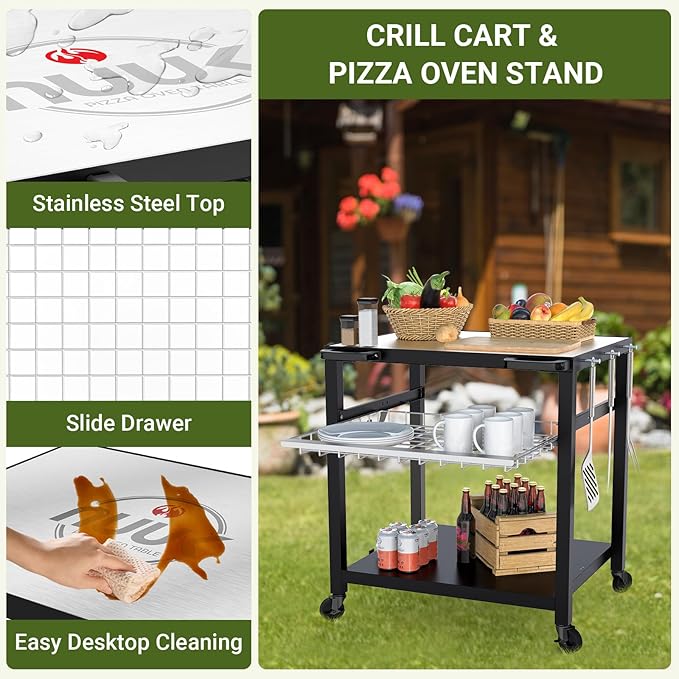 NUUK Grill Cart 30"x24" Pizza Oven Table for Outdoor 3-Shelf with Stainless Steel Top and Sliding Drawer BBQ Grilling Carts Outside Serving Prep Tables Indoor Stand