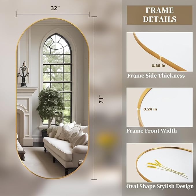 Oval Full Length Mirror, 71"×32" Wall-Mounted Floor Mirror with Metal Frame, Ultra-Clear Explosion-Proof Dressing Mirror, Simple and Classic Deco for Cloakroom/Bedroom/Living Room, Gold