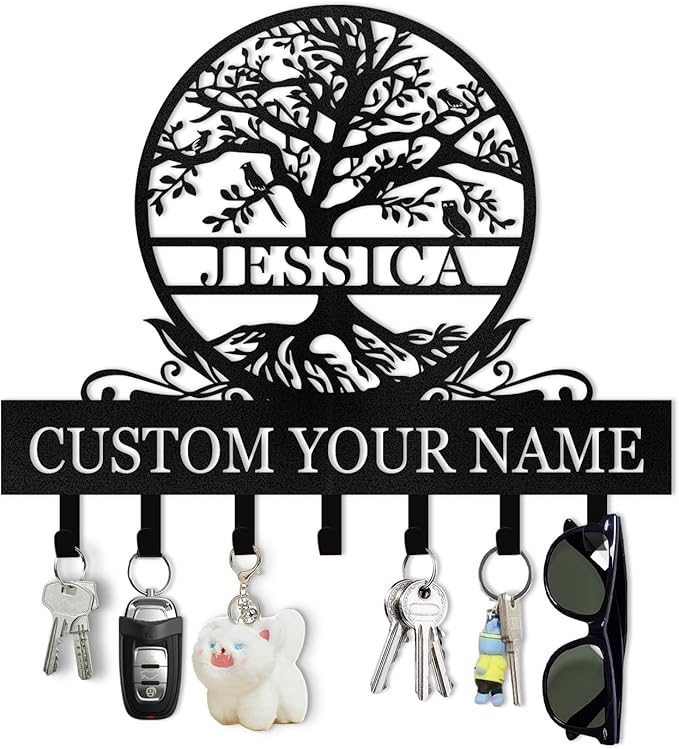 Personalized Metal Key Holder Wall Mount, Custom Name Tree of Life Key Holder for Wall, Key Organizer Rack with Hooks, Home Decor for Living Room Entryway Bathroom Kitchen, Housewarming Gifts Color04