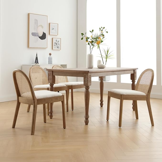 HEAH-YO Rattan Dining Chairs Set of 6, Upholstered Sherpa Dining Room Chairs with Backrests, Modern Kitchen Chairs with Wood Legs for Dining Room, White