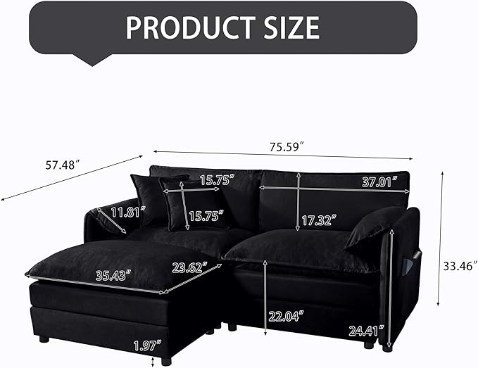 Loveseat Deep Seat Sectional Sofa Cloud Couch, Modern Chenille Comfy Upholstered Modular L Shaped Couch for Living Room, Apartment, Office (Black, 75.59 Inch-L Shape)