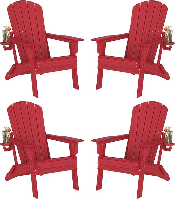 Plawdlik Folding Adirondack Chair Set of 4, SGS Tested, Wooden Textured with Cup Holder, Heavy All-Weather HDPE Comfortable Set Poolside Backyard Lawn,Red