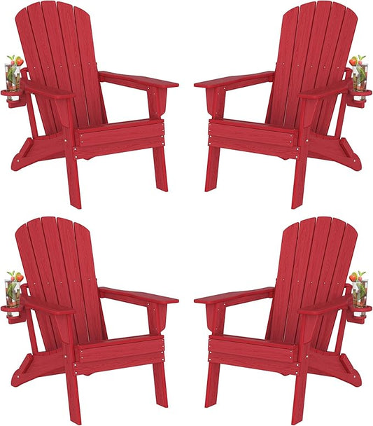 Plawdlik Folding Adirondack Chair Set of 4, SGS Tested, Wooden Textured with Cup Holder, Heavy All-Weather HDPE Comfortable Set Poolside Backyard Lawn,Red