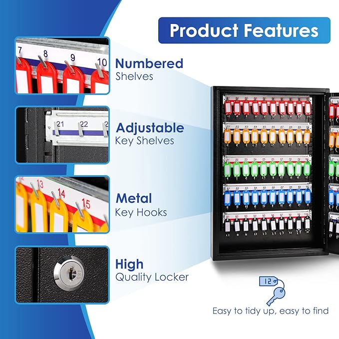 ORIENTOOLS Key Box 100 Position Steel Key Safe Cabinet, Wall Mount Key Holder Lock Box with Key Tags, Key Organizer Ideal for Home, Hotels, Valets and Office Key Storage, Black