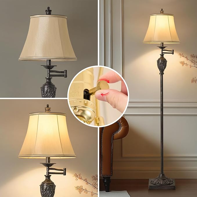 Traditional LED Floor Lamp with 350° Adjustable Swing Arm Lamp – Vintage Standing Pole lamp for Living Room, Bedroom and Office – Rustic Upright Floor Light for Home Décor with Faux Silk Fabric Shade