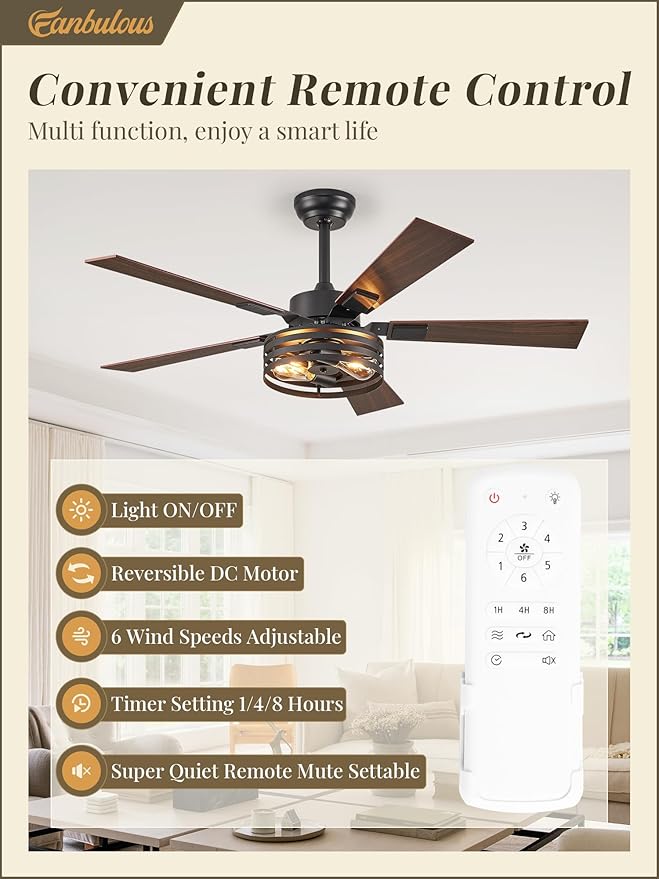 Fanbulous Farmhouse Caged Ceiling Fans with Lights and Remote, 48 Inch Black Bedroom Ceiling Fans for Living Room Kitchen，6 Speed Reversible Quiet DC Motor, Dual Finish 5 Blades