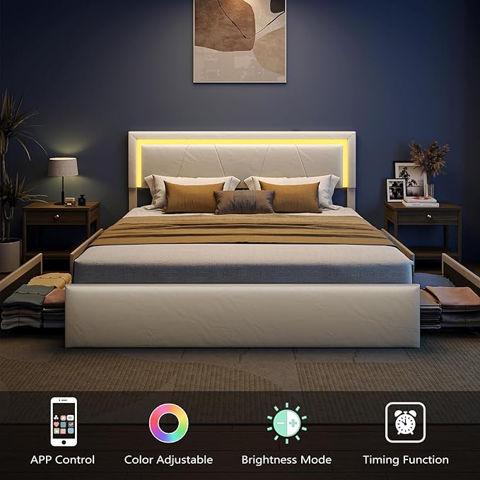 Full Size Bed Frame with Adjustable Headboard, Upholstered Platform Bed with 4 Storage Drawers, Wooden Slats Support, Built in Charging Station & LED, Noise-Free, No Box Spring Needed, Beige