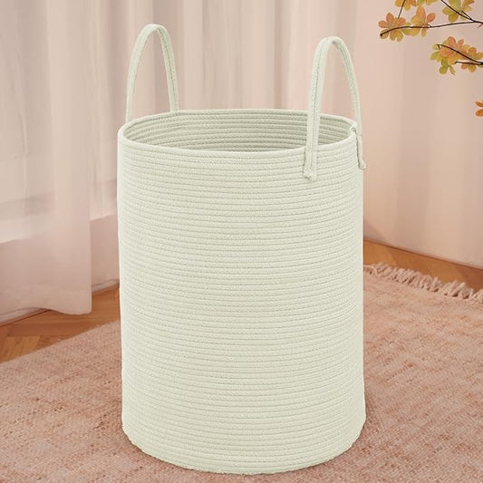 Large Woven Laundry Basket Hamper,60L Cotton Rope Storage Bin for Blankets,Toys and Clothes,Decorative Tall Nursery Hamper for Living Room,Baby Nursery,Bathroom and Bedroom,White