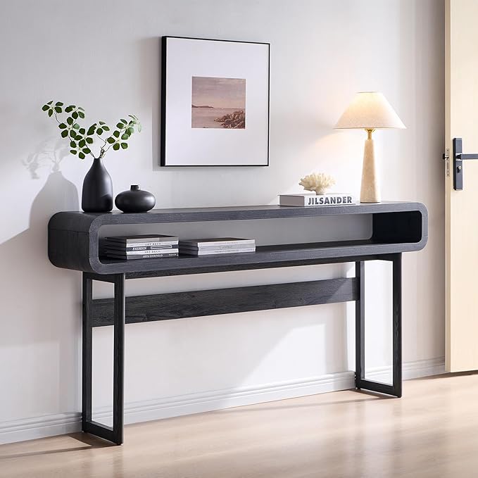 63-Inch Long Console Table, 31.5" Tall Modern Entryway Table with Open Storage Shelf, Curved Profile Design, Narrow Wood Sofa Table Behind Couch Table for Living Room, Hallway, Foyer, Dark Grey