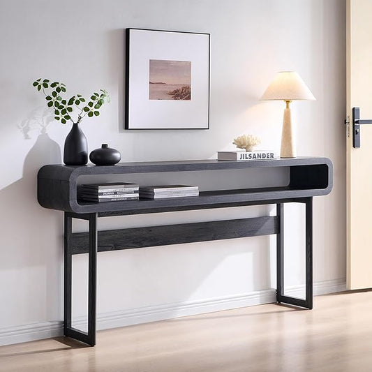 63-Inch Long Console Table, 31.5" Tall Modern Entryway Table with Open Storage Shelf, Curved Profile Design, Narrow Wood Sofa Table Behind Couch Table for Living Room, Hallway, Foyer, Dark Grey