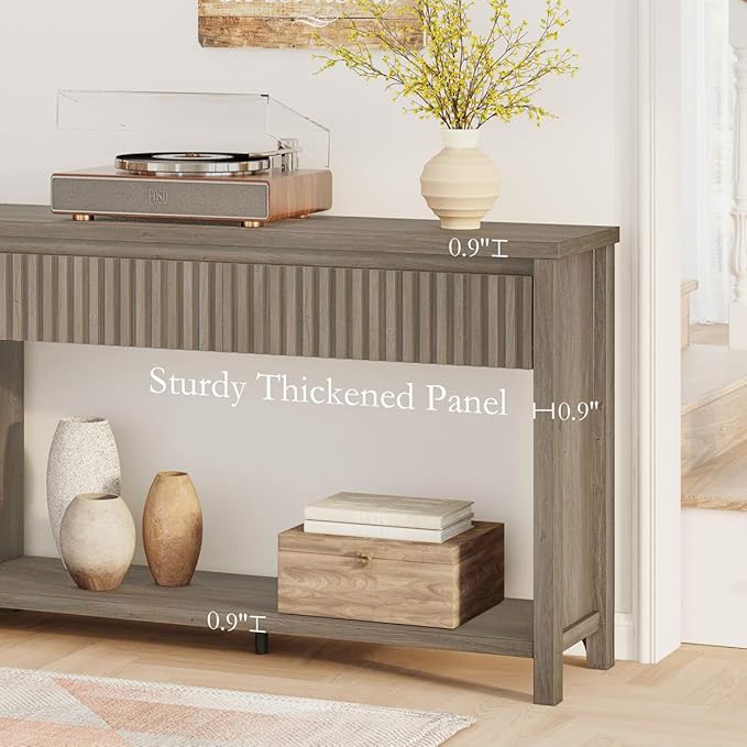 BON AUGURE Console Table with Storage, Entryway Table with Drawers, 47In Couch Tables Behind Sofa, Sofa Tables with Two-Tier Shelf for Living Room, Hallway, Front Door, Greige Oak