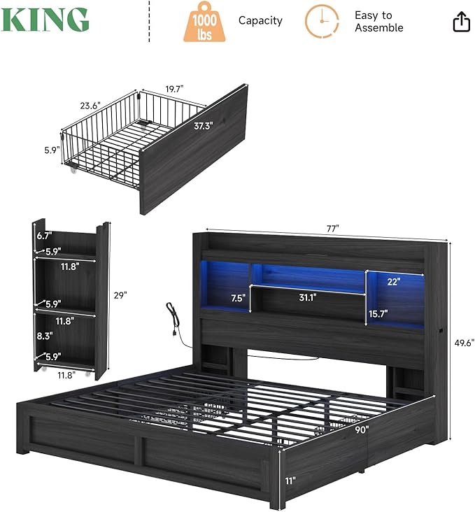 AMERLIFE King Size Bed Frame with 4 Storage Drawers, LED Bed Frame with 49.6" Tall Bookcase Headboard, Wood Platform Bed with Charging Station & 2 Slide Bedside Shelf, No Box Spring Needed/Black
