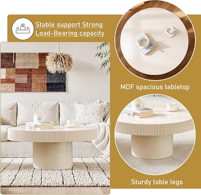 Round Drum Coffee Table 30.71" Handcrafted Fluted Drum Coffee Table Mid Century Accent Tables Modern Luxury Circle Center Table Vintage Farmhouse Center Table for Living Room (White Thin)