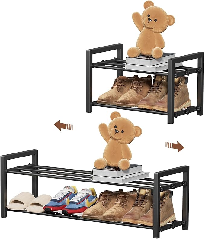 2-Tier Expandable Shoe Rack,Adjustable Shoe Shelf Storage Organizer Heavy Duty Metal Free Standing Shoe Rack for Entryway Closet Doorway (Black)