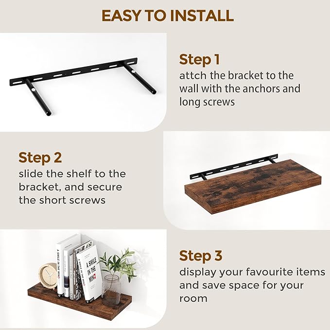 Floating Shelves for Wall, 24 x 9.3 Floating Shelf Wall-Mounted, Rustic Wood Bathroom Shelf Set of 2, Deep Bookshelf Storge Shelves for Living Room, Bedroom, Farmhouse, Rustic Brown Color