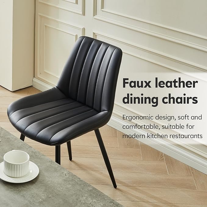 Dining Chairs Set of 2, Faux Leather Modern Linear Design Dining Chair with Metal Legs, 16.9" Seat Width Chair for Kitchen, Lounge, Reception Room, Restaurant, Commercial (Black)