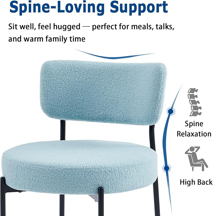 Blue Boucle Dining Chairs Set of 2, Upholstered Dinner Chair with Metal Frame, Dining Room Chairs with Padded Seat, Round Modern Seating for Living Room