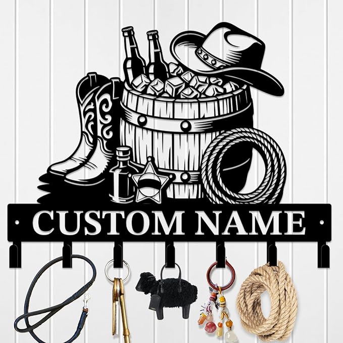 Custom Western Cowboy Metal Iron Key Hooks,Personalized Name & Text Engraving,Decor Wall Keys Holder for Home Entryway (Style J)