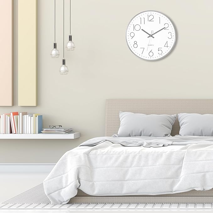 Foxtop 14 Inch Large Silver Wall Clock Silent Non-Ticking Battery Operated Round Quartz Modern Wall Clock Decorative for Living Room Bedroom Kitchen Home Office